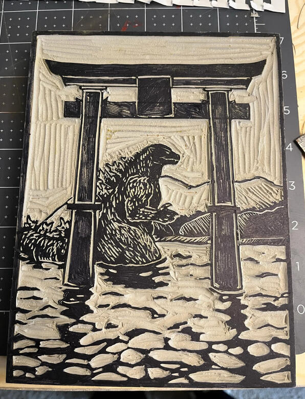 Godzilla Linocut Godzilla Linocut